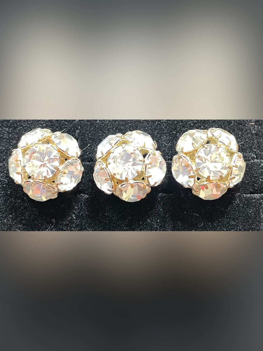 VTG Set of 3 Clear Rhinestone Flower Cluster Sewing Buttons Silver Tone Shank